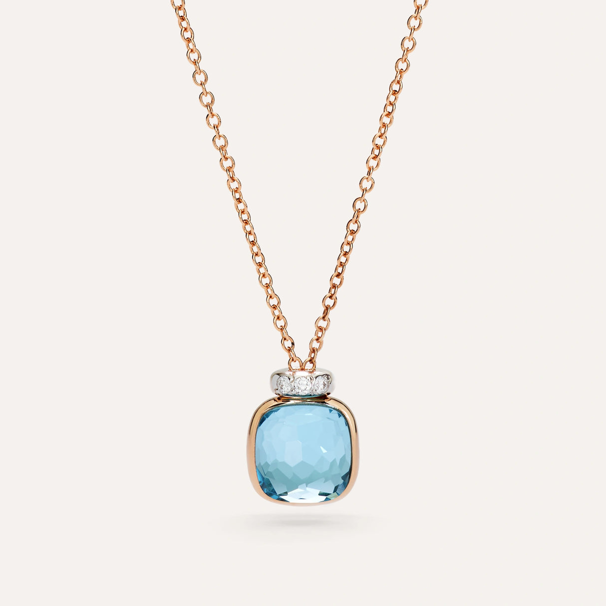 Collana Pendente Nudo Mini in Oro Rosa con Topazio Azzurro e Diamanti-Girocolli-POMELLATO-Gioielleria Granarelli