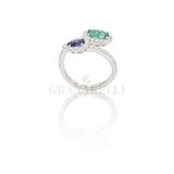 Anello doppio in Oro Bianco con Smeraldo 1.00kt e Zaffiro 0.38kt con Diamanti