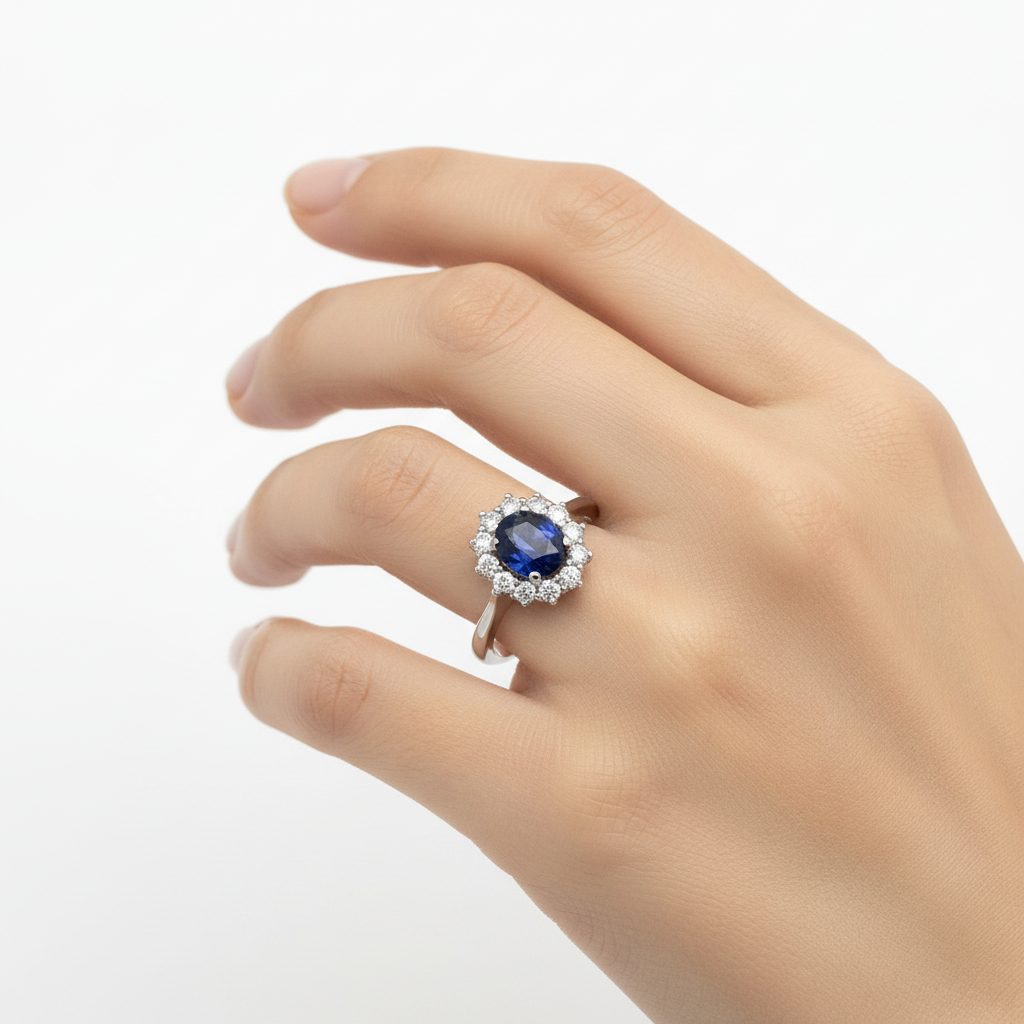 Anello in Oro Bianco con Zaffiro sulla mano di una modella