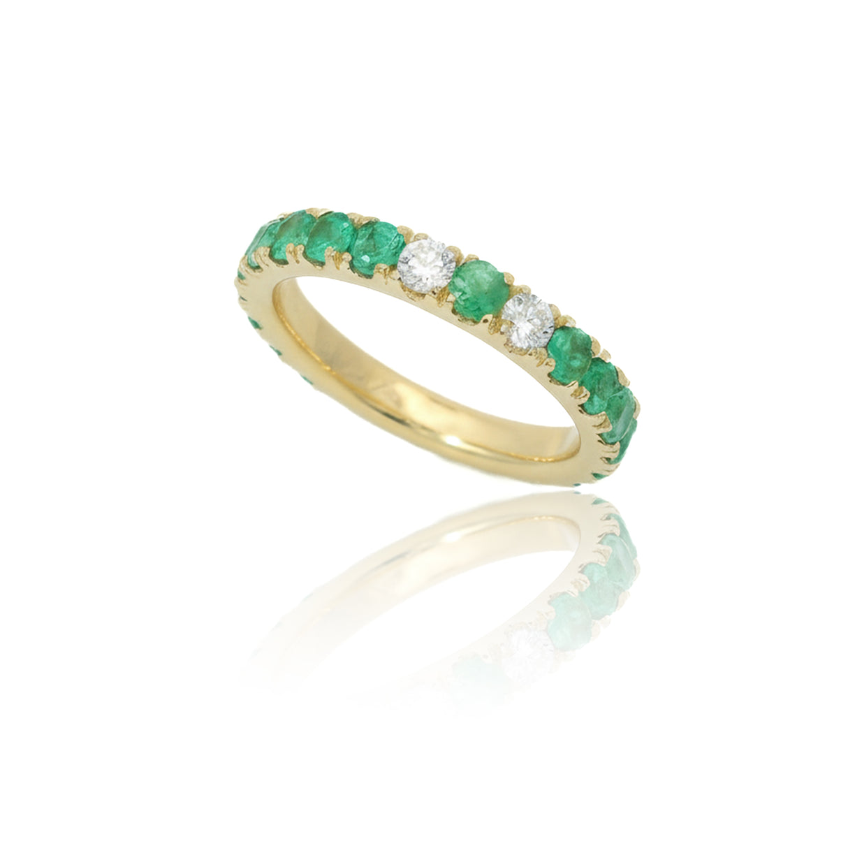 Anello Fedina Girodito in Oro Giallo con Smeraldi e Diamanti