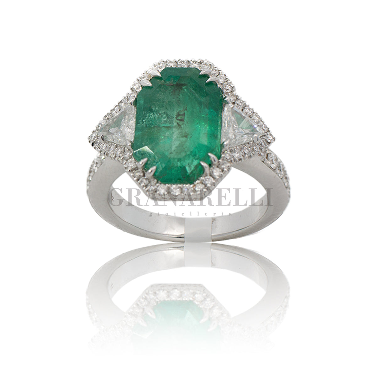 Anello Smeraldo ottagonale 3.72kt e Diamanti in Oro Bianco