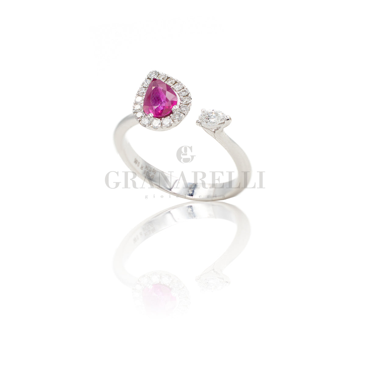 Open ring with ruby ​​drop and white gold diamonds