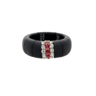 Anello Ceramica Nera Satinata 3 Barrette Rubini e Diamanti Bianchi