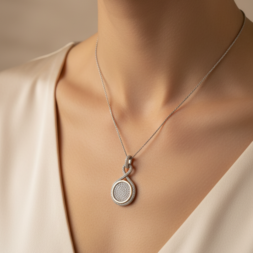 Collana con ciondolo di diamanti indossata