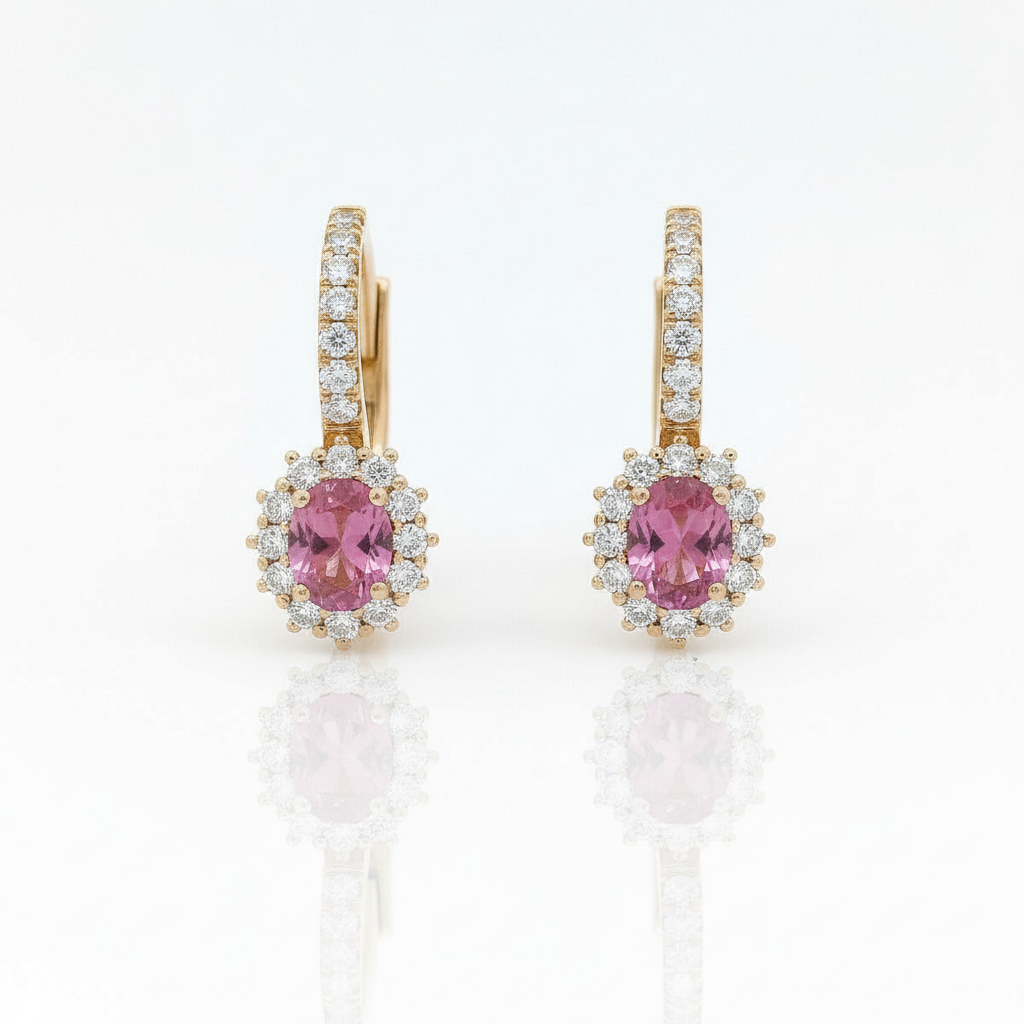 Earrings rose gold pink sapphire halo front centered