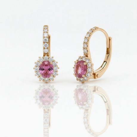 Earrings rose gold pink sapphire halo three-quarter centered