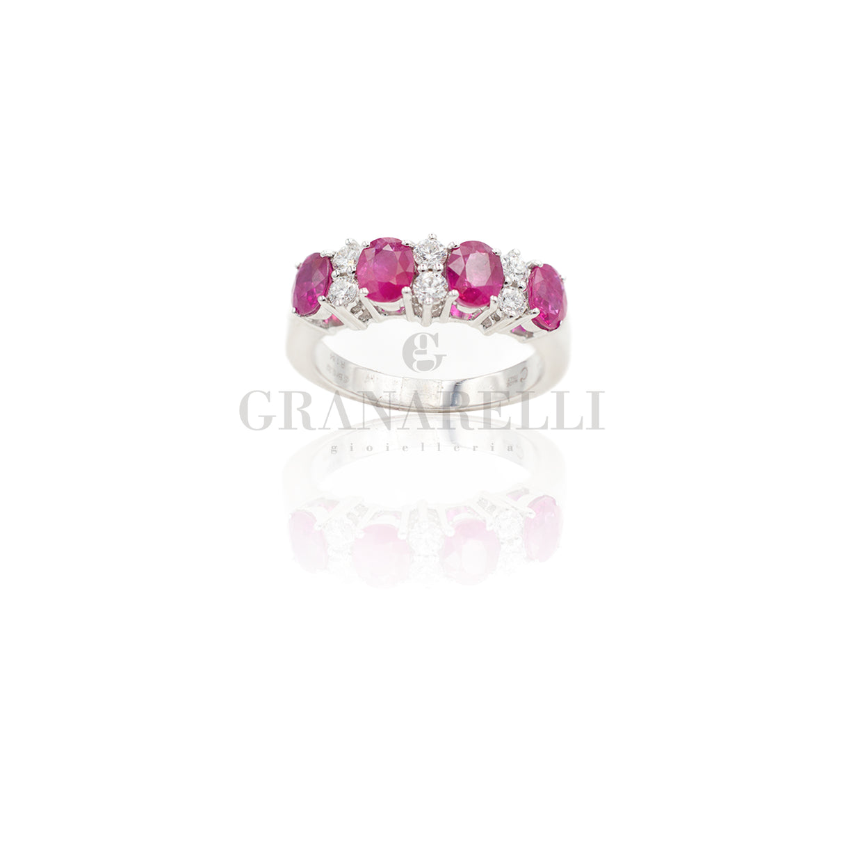 Anello Fedina In Oro Bianco con 4 Rubini Ovali e Diamanti