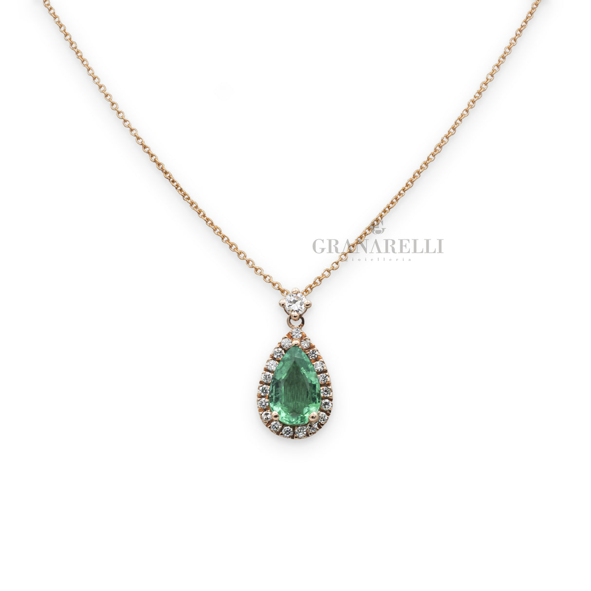 Girocollo Smeraldo a goccia 1.00kt e Diamanti in Oro Rosa-Girocolli-GRANARELLI-Gioielleria Granarelli