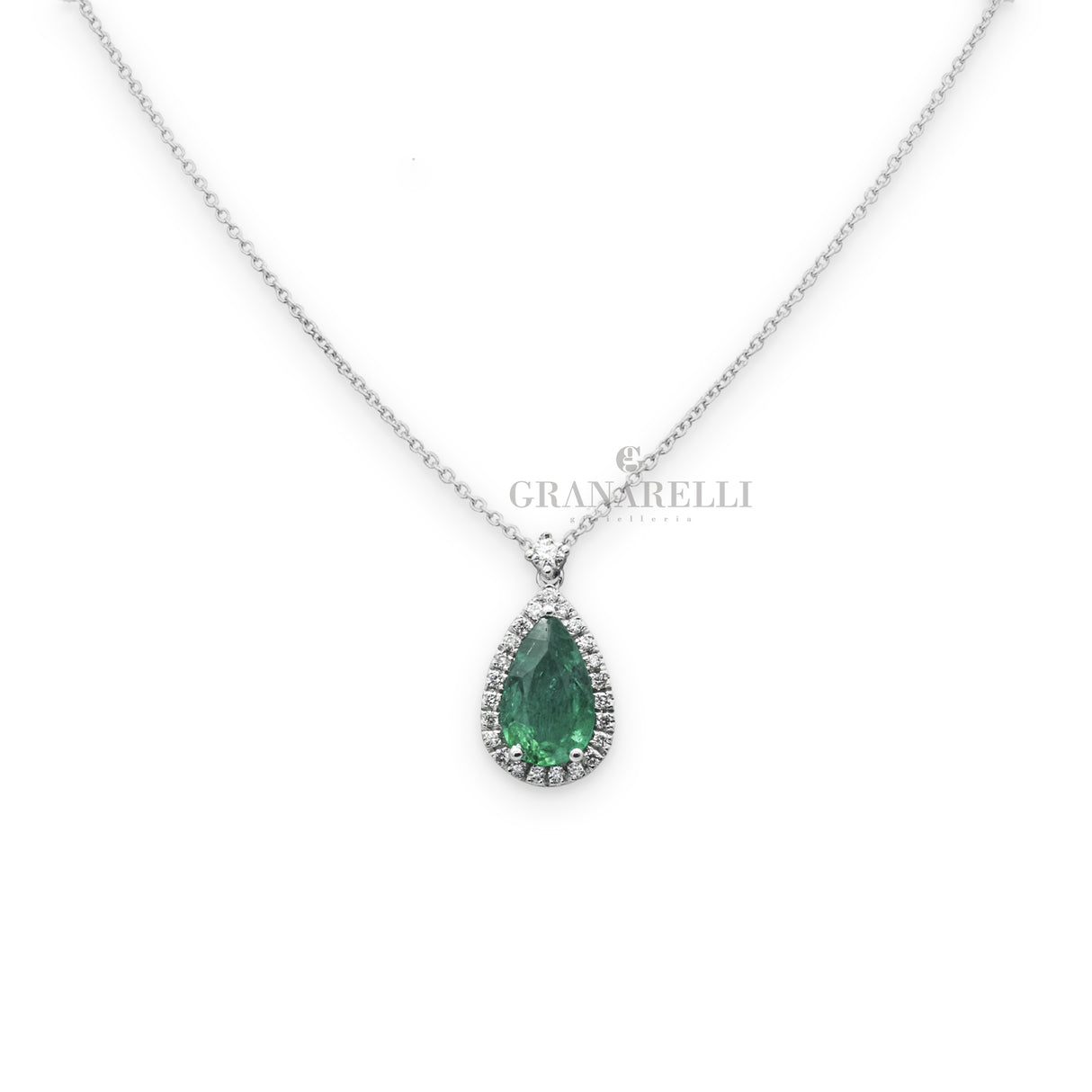 Girocollo Smeraldo a goccia 1.13kt e Diamanti in Oro Bianco-Girocolli-GRANARELLI-Gioielleria Granarelli