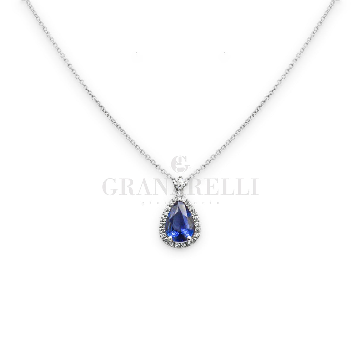 Collana in Oro Bianco Diamanti con Zaffiro taglio "Goccia" ct 1.11