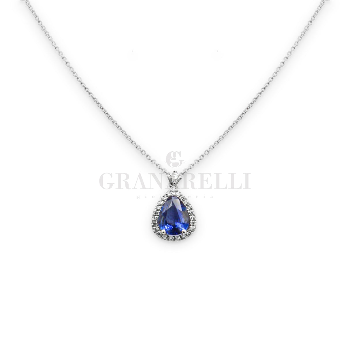 Collana in Oro Bianco Diamanti con Zaffiro taglio "Goccia" ct 1.19