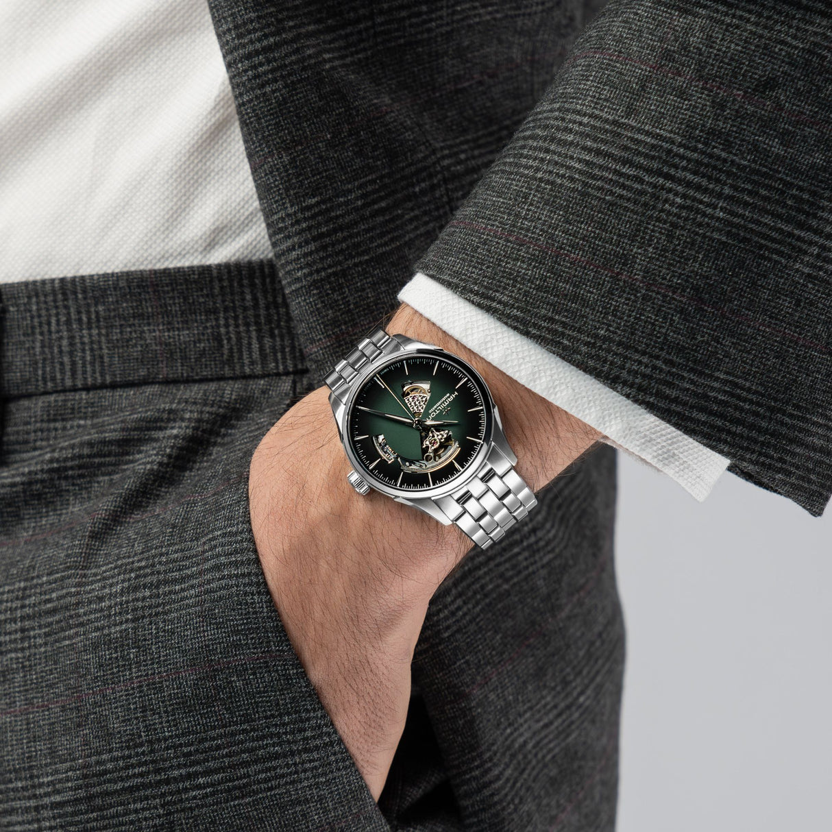Jazzmaster Open Heart Verde Acciaio 42mm-Orologi-HAMILTON-Gioielleria Granarelli