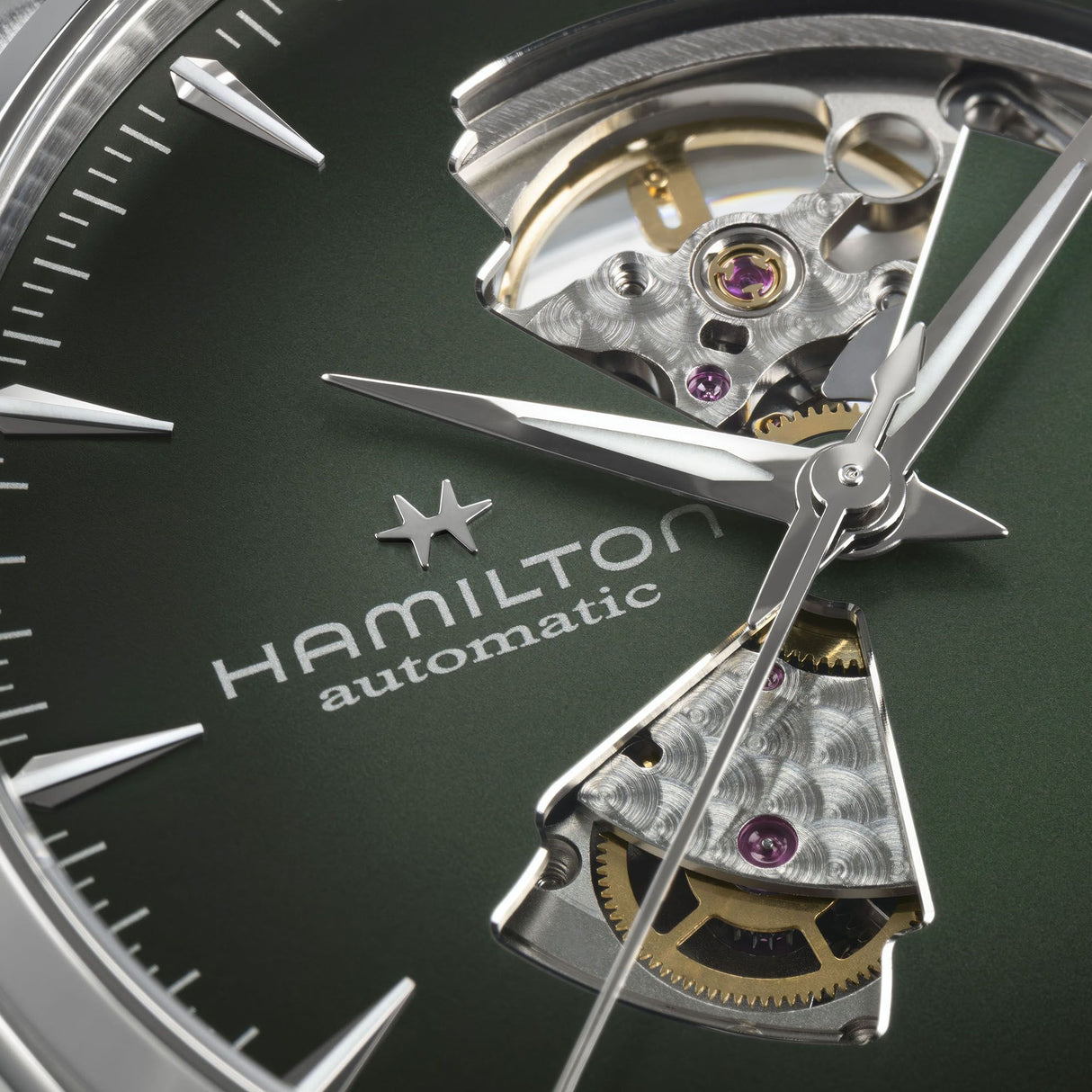 Jazzmaster Open Heart Verde Acciaio 42mm-Orologi-HAMILTON-Gioielleria Granarelli