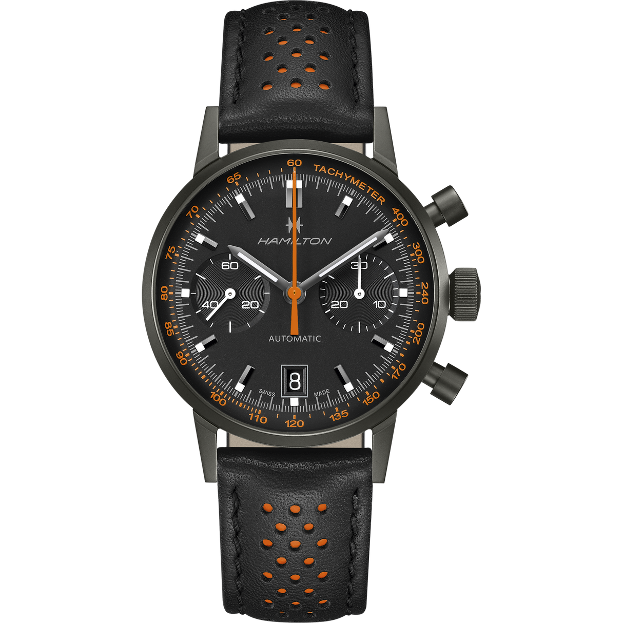 American Classic Intra-Matic Nero/Arancio Pelle-Orologi-HAMILTON-Gioielleria Granarelli