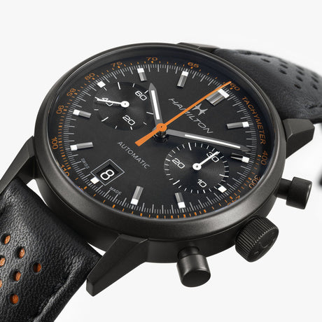 American Classic Intra-Matic Nero/Arancio Pelle-Orologi-HAMILTON-Gioielleria Granarelli