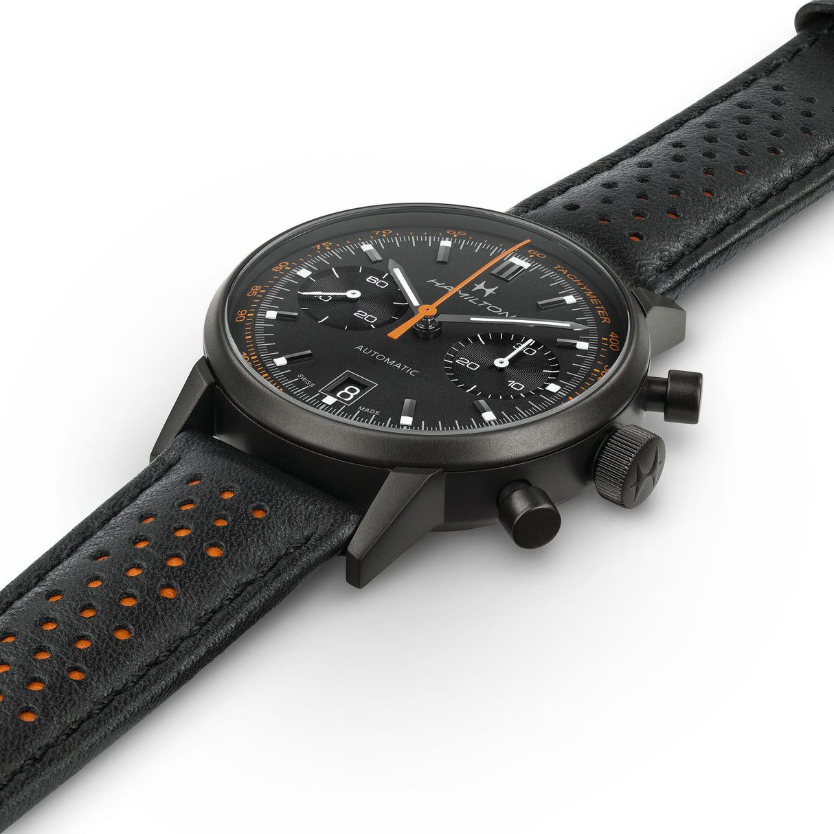 American Classic Intra-Matic Nero/Arancio Pelle-Orologi-HAMILTON-Gioielleria Granarelli