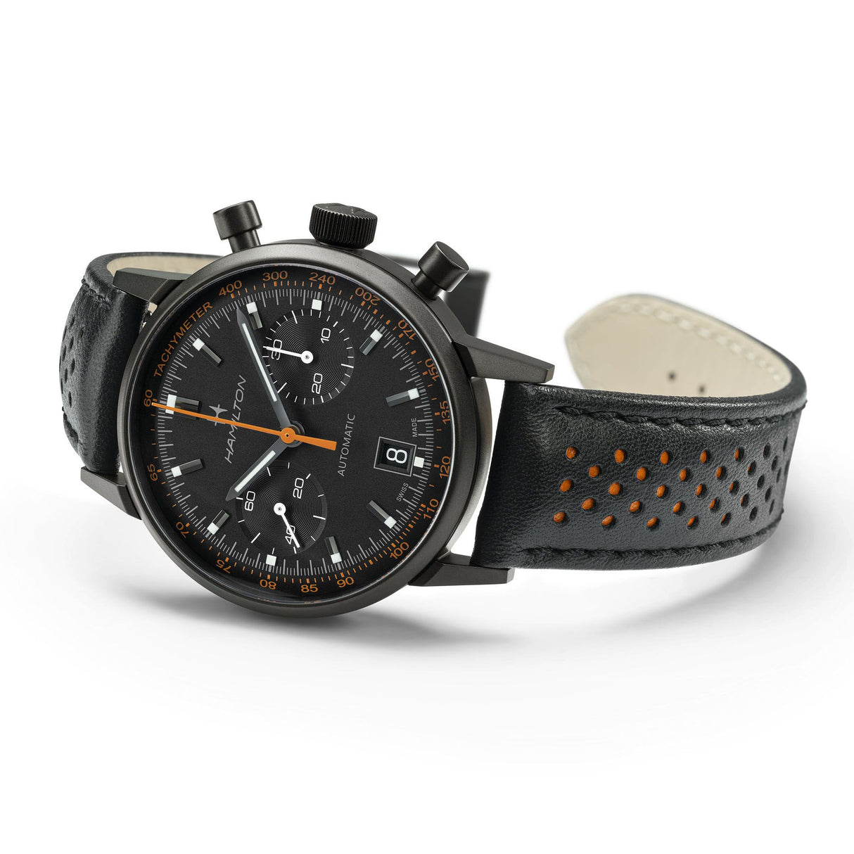 American Classic Intra-Matic Nero/Arancio Pelle-Orologi-HAMILTON-Gioielleria Granarelli