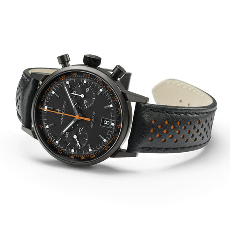American Classic Intra-Matic Nero/Arancio Pelle-Orologi-HAMILTON-Gioielleria Granarelli