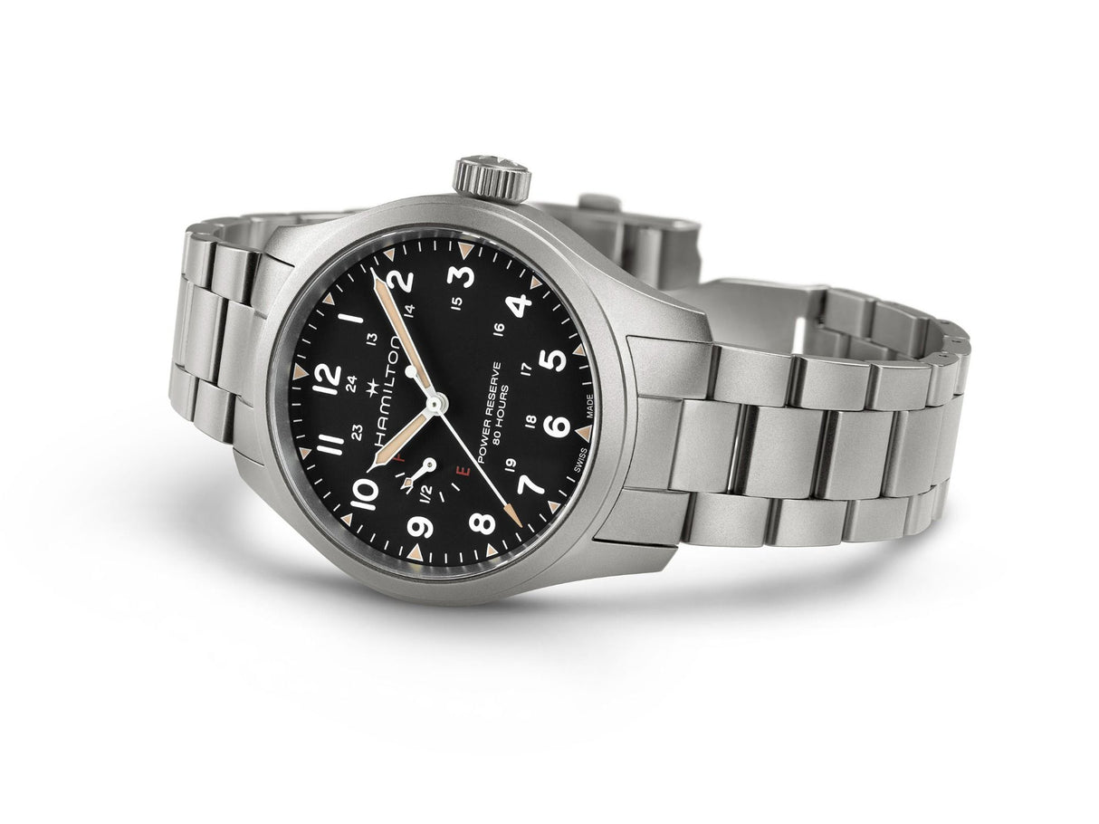 Khaki Field Mechanical Power Reserve Nero 40mm Acciaio