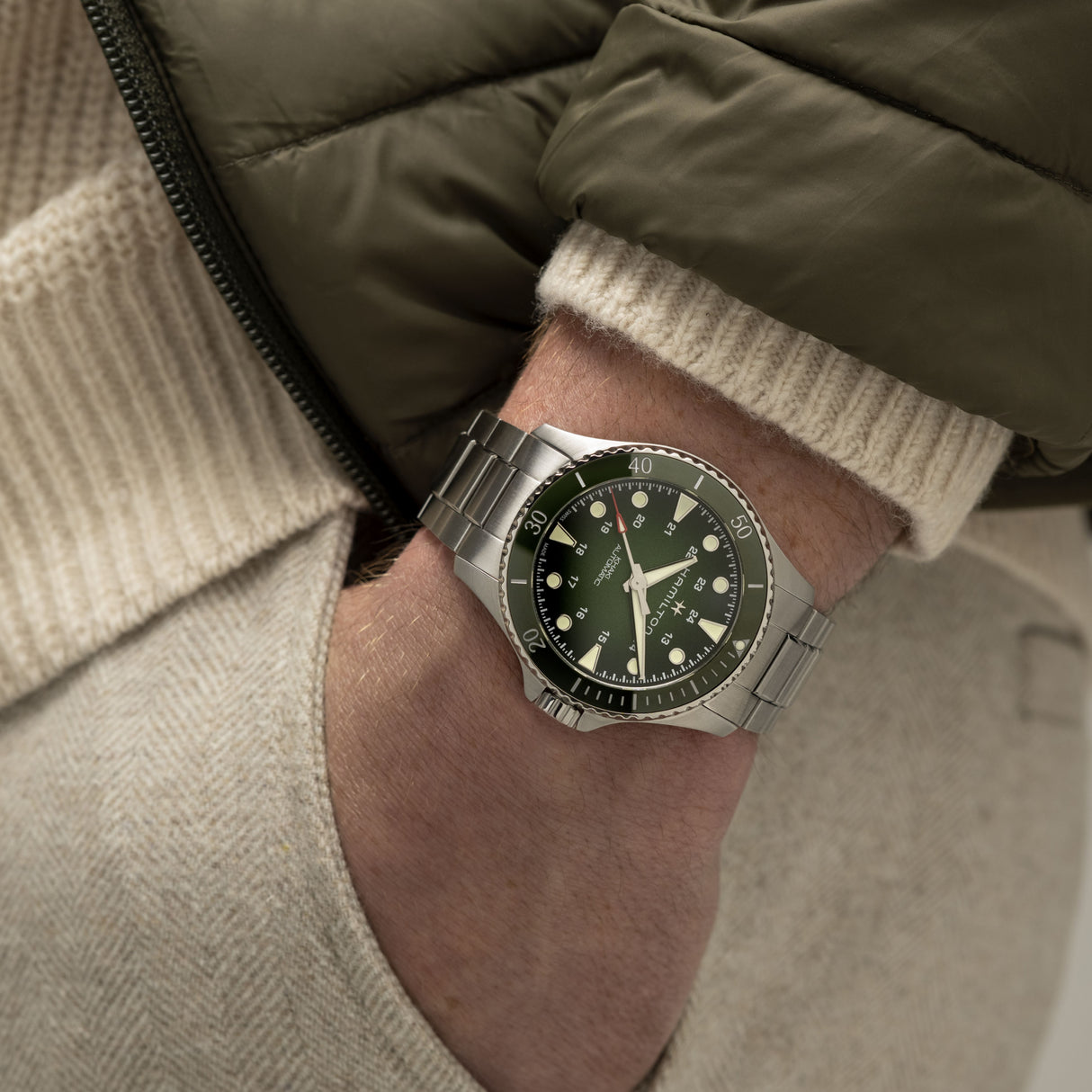Khaki Navy Scuba Automatico Verde Acciaio-Orologi-HAMILTON-Gioielleria Granarelli