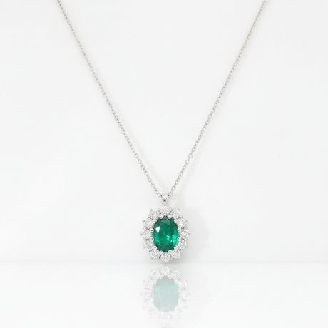 Necklace emerald oval double halo front centered