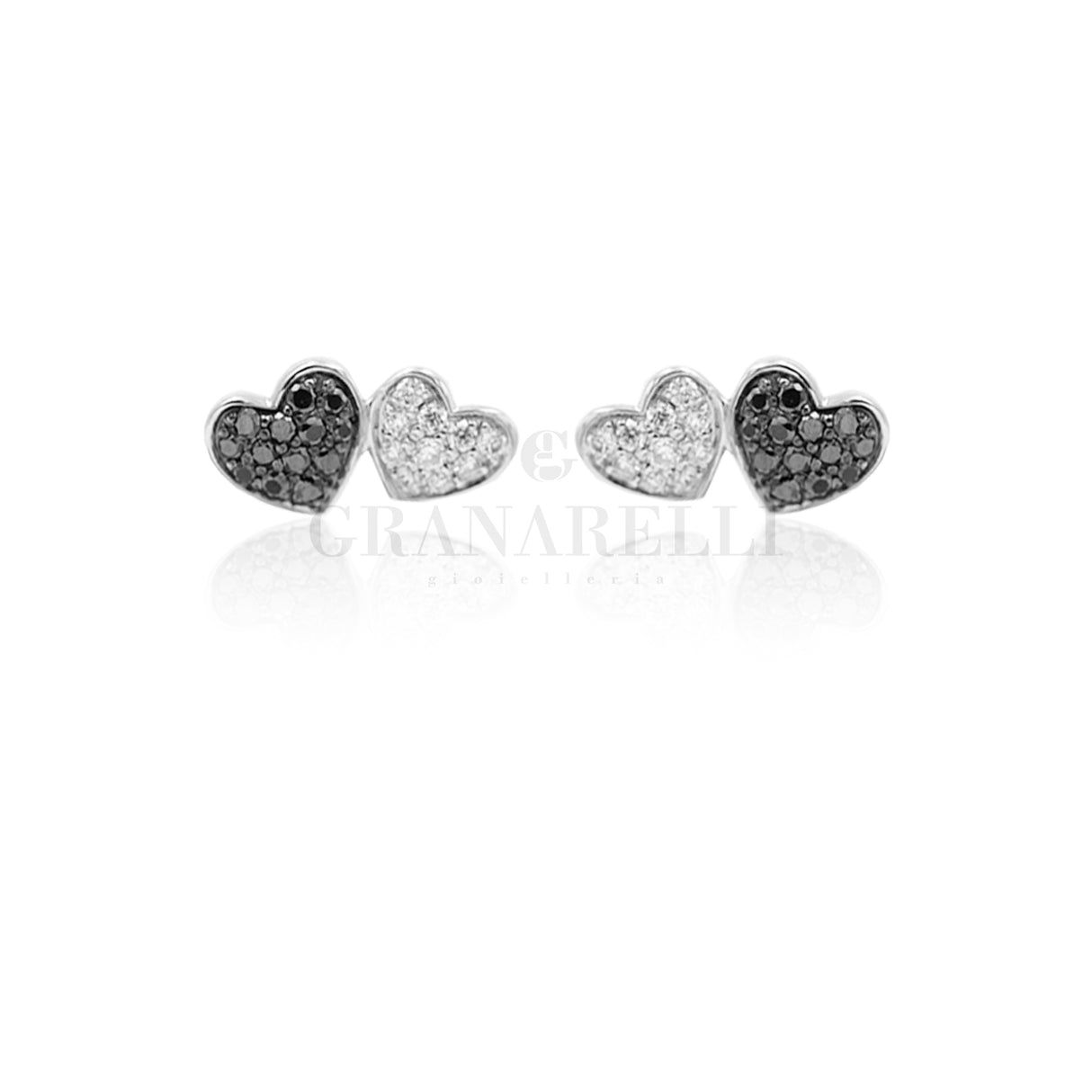 Earrings 2 hearts and white and black diamonds in white gold